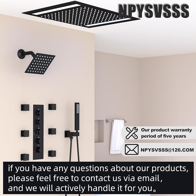 Black Thermostatic Shower System with 14x20 Inch Ceiling Mount LED Head & 6 Inch Wall Head and Handheld Shower 4 Function Vale with body jets, Matte Black