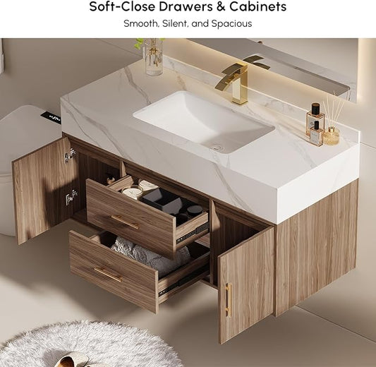 39.3" Floating Bathroom Vanity Set, Modern Wall-Mounted Vanity with Sintered Stone Countertop, Undermount Sink & Walnut Finish, Easy to Clean