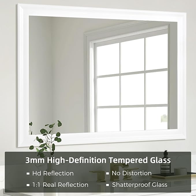 Rectangle Mirrors for Wall 30x40 Inch, White Wood Framed Bathroom Mirror with Tempered Glass,Shatter-Proof Mirror for Bedroom Living Room Office or Hallway (White, 30x40 in)