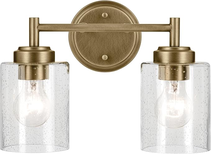 Kichler Winslow 2-Light Farmhouse Vanity Light, Natural Brass | Clear seeded glass vanity light with industrial styling (13" x 9.25" x 6.5"), 45885NBR