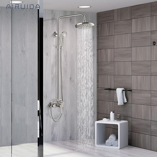 Airuida Exposed Shower System, 8 Inch Rainfall Shower Head with Handheld Spray, Single Handle Wall Mount Shower Faucet Set, Solid Brass Dual Function Exposed Pipe Fixture for Bathroom,Brushed Nickel