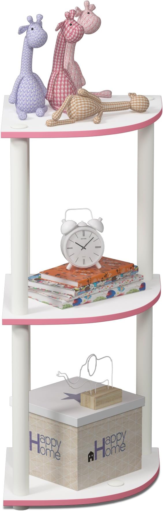 Furinno Turn-N-Tube Toolless Assembly 3-Tier Corner Shelf, Pink Corner Book Shelf, Open Shelves Bookshelf, for Organization and Storage, Living Room, Home Office, Bedroom, Soft Pink
