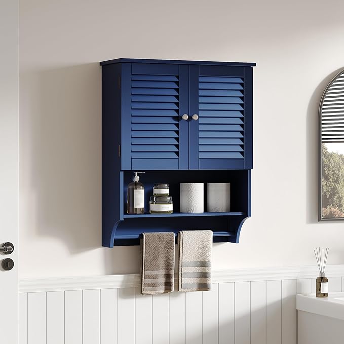 ChooChoo Bathroom Wall Cabinet with Towel Bar and Ample Storage | 23.6"L x 7.9"W x 27.5"H MDF Medicine Cabinet, Over The Toilet Space Saver Storage Cabinet with Adjustable Shelf, Navy Blue