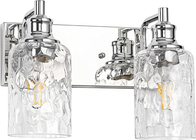 Bathroom Light Fixtures Over Mirror, 2 Lights Vanity Lights with Hammered Glass Shade, 12.7" Chrome Farmhouse Bathroom Light Fixtures for Bedroom, Porch, Hotel, Mirror Cabinet