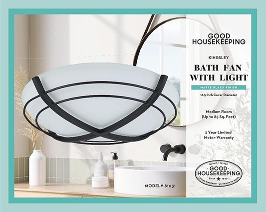 Good Housekeeping Kingsley (81031) Decorative 90 CFM 2.5 Sones Bathroom Ventilation Exhaust Fan with Lighting (Matte Black)
