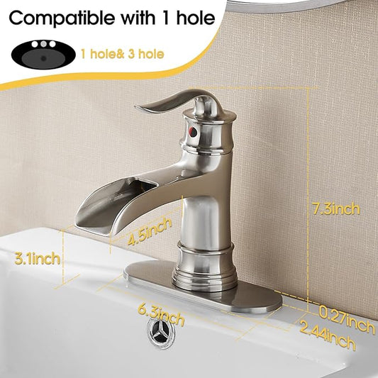 FRANSITON Waterfall Faucet Bathroom Faucet Single Handle One Hole Brushed Nickel Finish Large Spout Lavatory Faucets (Brushed Nickel)