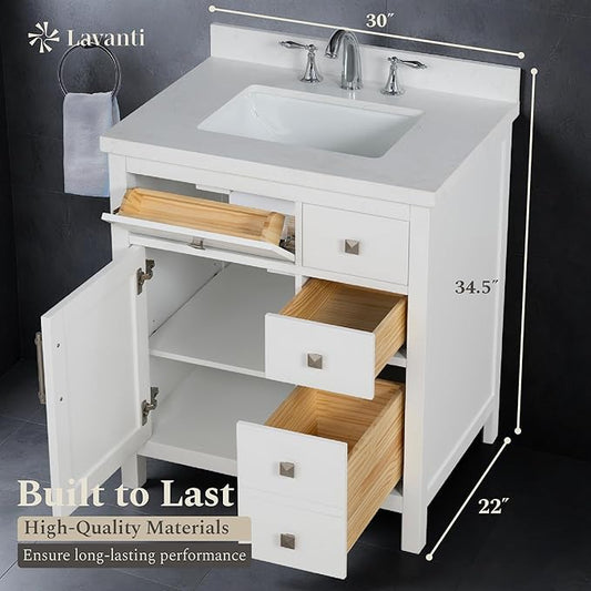 Lavanti Oakford 30 Inch Bathroom Vanity with Sink – Stylish White Vanity Bathroom with Storage Cabinet – Modern Bathroom Vanities with Single Vanity Sink & Quartz Countertop