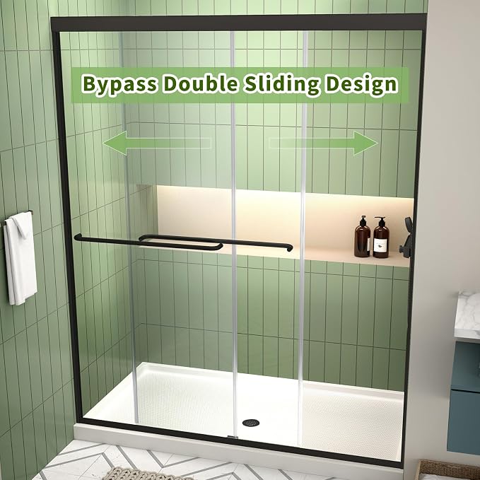 ACE DECOR Double Sliding Shower Door, 44"-48" W x 70" H, Matte Black Finish | Bypass Semi-Frameless Shower Doors, 6mm Clear SGCC Tempered Glass, Easy-Clean Nano Coating&Leak-proof&Reversible Installation