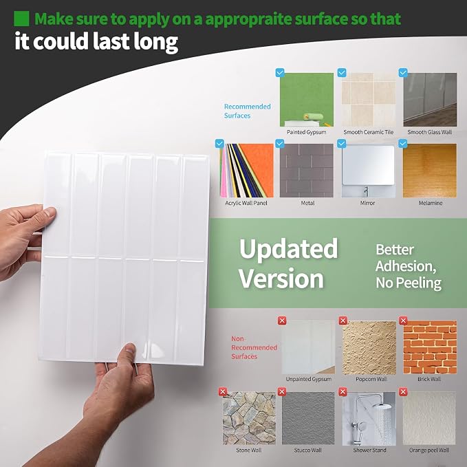 LONGKING 10-Sheet Bright White Peel and Stick Backsplash for Kitchen Wall, Kitchen Backsplash Wall Tile, Waterproof Back Splash Stick on Tiles for Bathroom | Peel and stick backsplash, self-adhesive wall tile, Bright White, waterproof, kitchen bathroom...