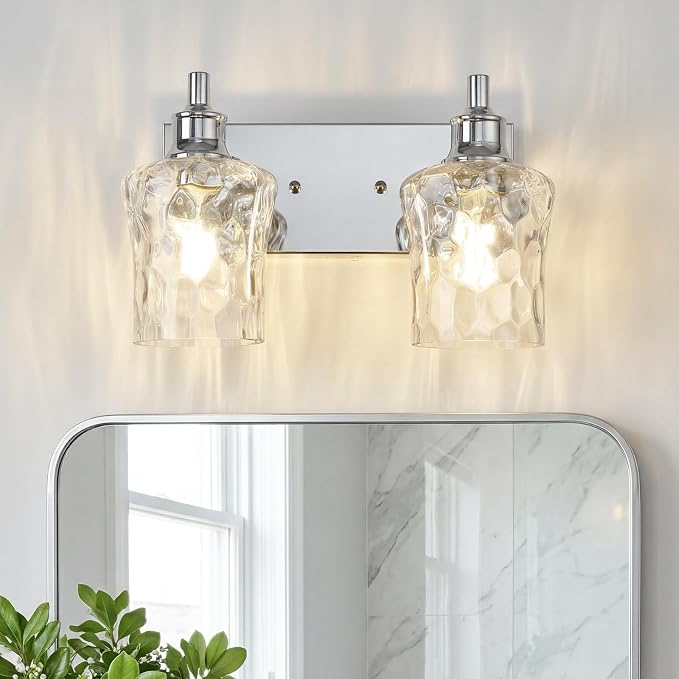 Bathroom Light Fixtures Farmhouse Chrome Vanity Lights for Bathroom Lighting Fixtures Over Mirror with Hammered Glass Lampshade for Cabinet Mirror Bedroom Hallway 2 Light