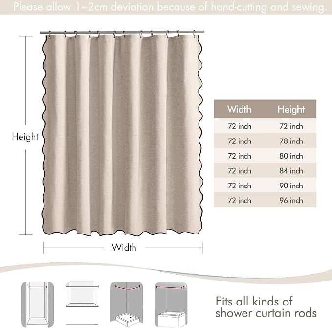 MIULEE 72"x90" Extra Long Scalloped Linen Shower Curtain Beige | Linen Textured, Waterproof, Washable, 12 Metal Hooks, Heavy Duty Cloth, Black Border, Shower Curtain for Bathroom Bathtub