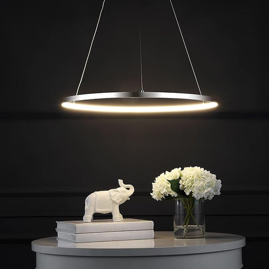 JONATHAN Y 23.75" Chrome Modern Integrated LED Pendant Light, Dimmable Round Hoop Chandelier for Kitchen Island, Dining Room, Adjustable Height Metal Hanging Light (JYL7203C)