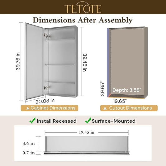 TETOTE 20 x 40 Bathroom Mirror with Storage with Tempered Beveled MirrorSilverMedicine Cabinet Aluminum Cabinet DTC Hinges, Stepless Adjustable Shelves, Recessed/Surface-Mounted