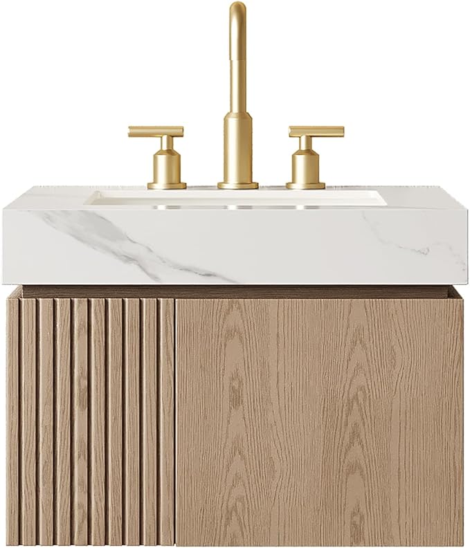 KEIKI 24 Inch Floating Bathroom Vanity with Sink, Light Brown & White | Modern Wall Mounted Storage Cabinet with 2 Doors, Pre-assembled Wood Panels, Sintered Stone Top & Ceramic Basin Combo Set
