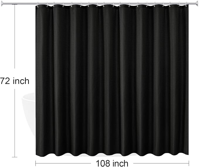 Extra Wide Black Fabric Shower Curtain,108 x 72 | 108 Inch Wide Weave Textured Fabric Shower Curtain for Bathroom, Water Repellent, Machine Washable