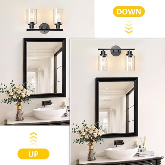 2 Light Vanity Lights, Black Wall Sconce Light with Clear Glass, Bathroom Light Fixtures, Wall Lights for Mirror, Living Room, Bedroom, Hallway, E26 Base (Bulbs Not Included)