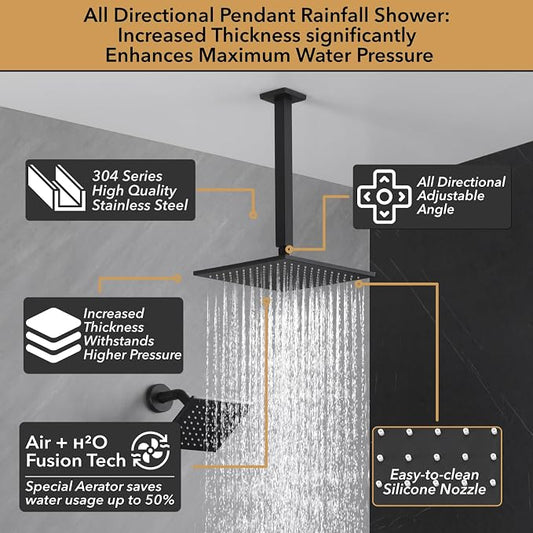VANFOXLE Shower System Matte Black Shower Faucet Set, Push Button Diverter | 10 inch ceiling mount rain head Increased Thick, 6 inch side head, 2-in-1 handheld sprayer, solid brass valve, rust resistant