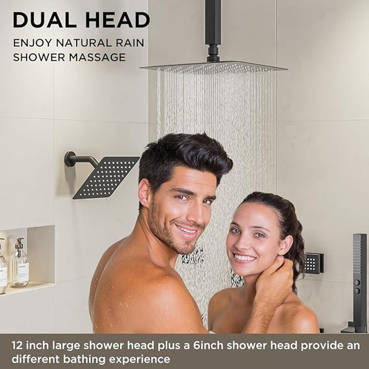 Shower System with Body Jets Matte Black, STARBATH 4 Way 12+6" Shower Faucet Sets Complete with 2 in 1 Handheld,Ceiling Mounted Rainfall Dual Shower Head with 4 Body Spray Jets, Shower Jets System