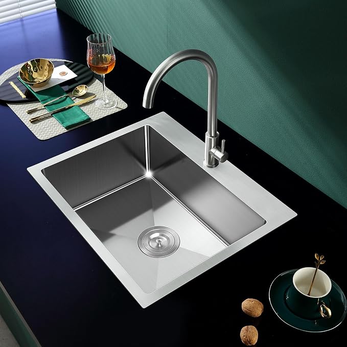 23" Drop-In Single Bowl Kitchen Sink 18 Gauge 304 Stainless Steel | 23"x18" Drop in Sink | 18 ga 304 SS Handmade | 1-hole | 9" deep | Single bowl | Brushed | Topmount