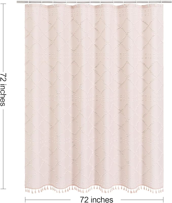 Light Pink Boho Fabric Shower Curtain with Tassel 72x72, Tufted Textured | Modern Farmhouse Curtain for Bathroom, Standard Bathroom Curtain, Minimalist Decor, Waterproof