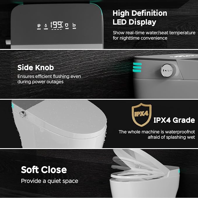 Smart Toilet with Bidet Built In, ADA Comfort Height, One Piece Elongated Toilet with Tank Built in, Pump, Auto Open Close Quiet Flush, Foam Shield, Voice Control Heated Seat,Instant Warm Water
