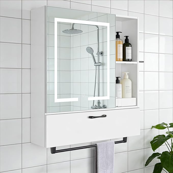 LED Lighting with Socket and USB Bathroom Medicine Mirror Cabinet,Color Changing Anti Fog Light Strip,Equipped with Hair Dryer Rack and Towel Rack,Embedded or Wall Mounted,White