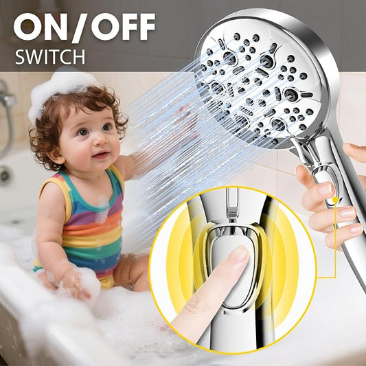 High Pressure Shower Head with Handheld,Power Wash & Auto Reset | 8-setting Shower Spray with on off Switch,79in Stainless Steel Extra Long Hose&Bracket.Easy for Seniors, kids & Pets,Sliver
