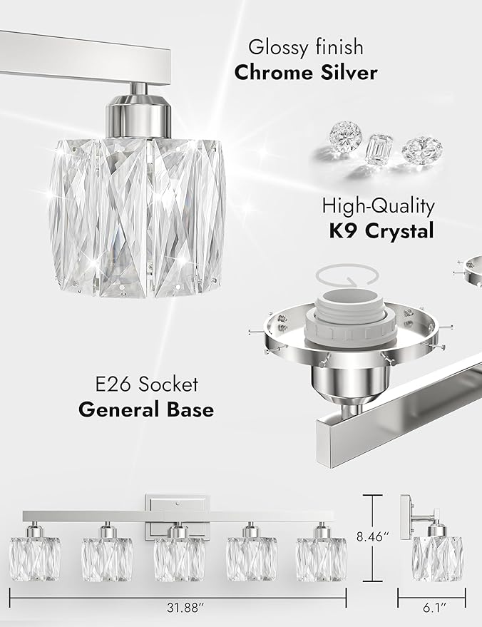 VOLISUN Crystal Vanity Lights for Bathroom, 5 Light Bathroom Vanity Light, Modern Stainless Steel Bathrooms Lights Over Mirror, Chrome Bathrooms Lights Fixtures-UL Certificated(Exclude Bulb)