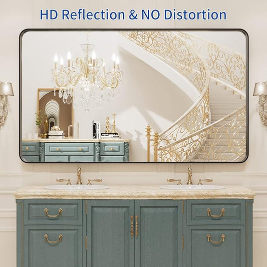 WEER 50X30 Inch Black Metal Framed Bathroom Mirror, Black Bathroom Vanity Mirror Farmhouse, Rounded Rectangular Matte Black Wall Mirrors, Tempered Glass, Anti-Rust (Horizontal/Vertical)