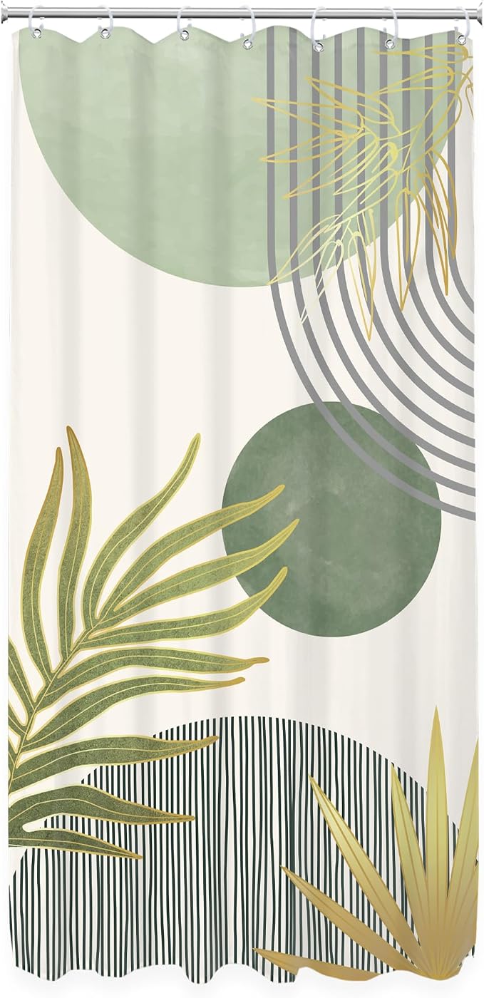 KOMLLEX Mid Century Mint Green Boho Small Stall Bathroom Shower Curtain Set | 36Wx72H Half Abstract design, waterproof HD print with fast-drying fabric and 12 hooks.