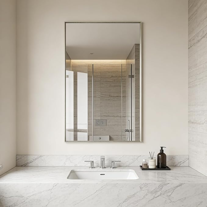 Bathroom Mirror for Wall, 36x24 Inch Framed Vanity Mirror Brushed Nickel | Rectanglar Metal Beveld Framed Mirror for Over Sink, Tempered Glass, Anti-Rust, Hangs Horizontally or Vertically