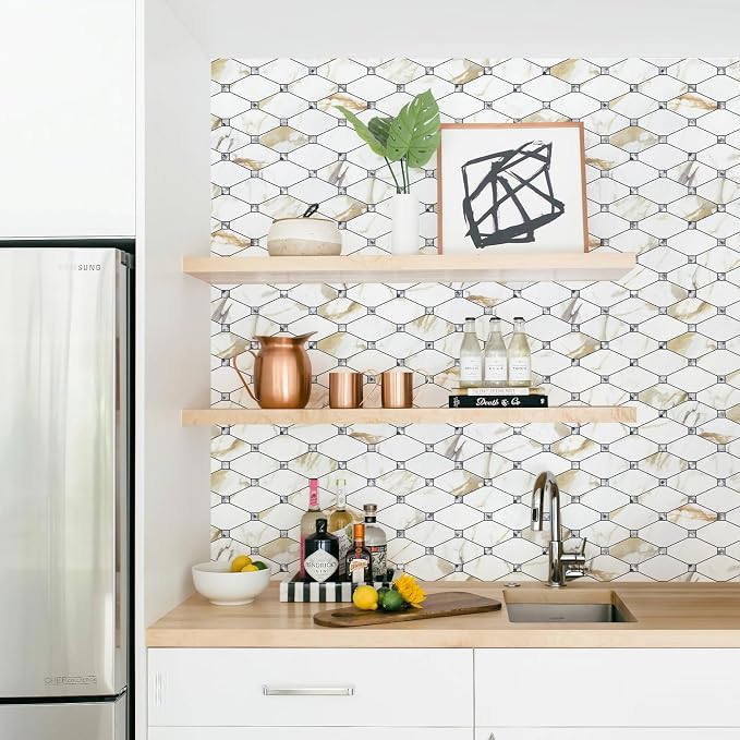 STICKGOO 10 Sheets Peel and Stick Backsplash, Calacatta Golden Stick on Mosaic Tiles for Kitchen Wall Decor, Self Adhesive Long Hexagon PVC Tile Kitchen Backsplash