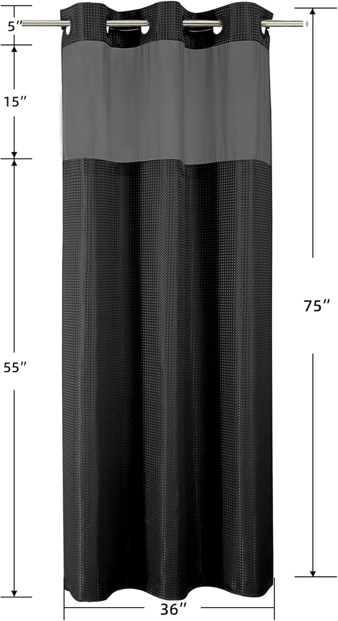 Colorful Star Black No Hook Waffle Shower Curtain with Liner, 36 x 75 Inch | Heavy Duty Thick Shower Curtain Sets with Snap in Fabric Liner and Mesh Top Window, Hotel Style Waterproof Bathroom Curtain