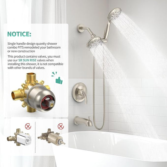 SR SUN RISE Dual 2 in 1 Shower System with Tub Spout,Brushed Nickel | 3-Way Diverter Rain Shower Combo Set,6 Spray Setting,High Pressure,Soild Brass,Included Valve and Trim Kit