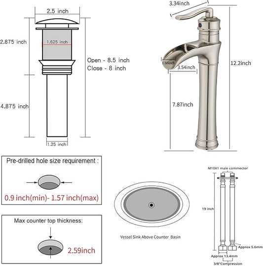 Waterfall Bathroom Faucet Brushed Nickel GGStudy Single Handle One Hole Tally Body Farmhouse Bathroom Vessel Sink Faucet Matching with Pop Up Drain