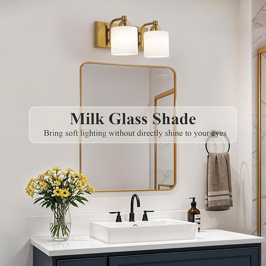 Mecgirn Stainless Steel Milk Glass Vanity Lights for Bathroom, 2 Light Gold Bathroom Light Fixtures Over Mirror, Ceramic E26 Sockets Wall Mounted