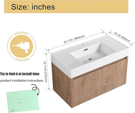 Malwee 36 Inch Floating Bathroom Vanity with Sink, 36'' Single Sink Wall Mounted Bathroom Vanity, with 2 Doors and White Resin Basin Top, Wall Hung Storage Cabinet Set(035-36)