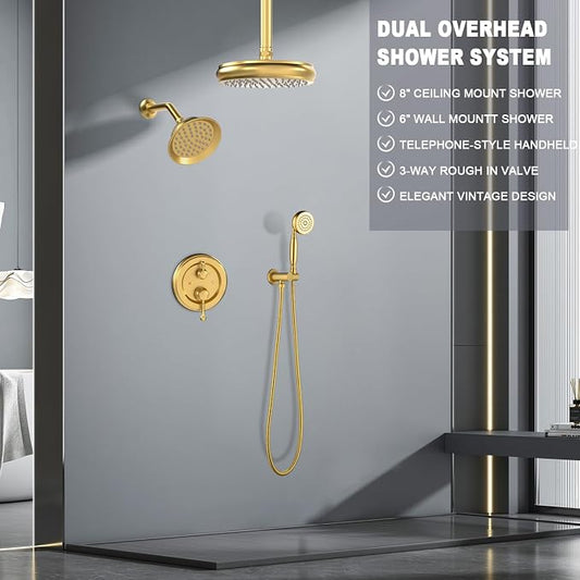 Enga Antique Dual Shower Head Faucet Set - 8" Ceiling Mount Rain Shower & 6" Wall-Mounted Vintage Rainfall + Handheld Spray Combo, Brushed Gold