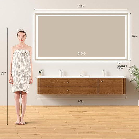 72x36 LED Bathroom Mirror with Lights - Dimmable, Anti-Fog, 3 Color Backlit & Front Lit Mirror for Bathroom, Shatter-Proof Tempered Glass, Easy Installation