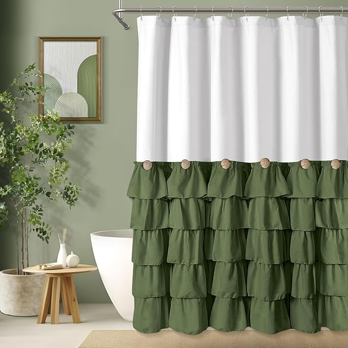 Seasonwood Green and White Shower Curtain 72 x 72 | Natural button accents, layered fabric tiers, shabby chic and French country styling for decorative bathroom updates