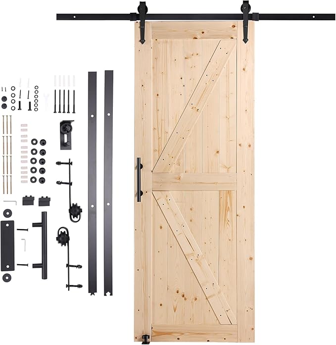VEVOR 30in x 84in Sliding Barn Door with 5ft Barn Door Hardware Kit Included & Handle, Water-Proof Solid Wood, Easy Assembly, for Interior Rooms & Storage Closet, K-Frame, DIY, Stainable, Natural
