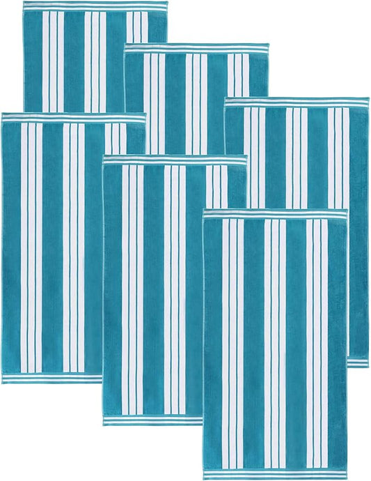 Superior Oversized Cotton Beach Towel Set of 6, Absorbent Towels for Bathroom, Beach, Pool, Swim, Adults, Kids, Vacation, Travel, Bath, Quick Dry Basics, Trip Essentials, Striped Decor, Turquoise