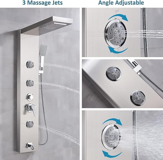 AlenArt Shower Panel Massage Jets Rainfall Waterfall Shower Head, Shower Stainless Steel Wall Mount Massage Multi-Function Bathroom Shower Panel Tower System, Brushed Nickel……