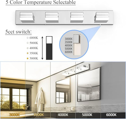 Ralbay 30inch Chrome Vanity Light for Bathroom with 5 Color Temperatures (3000K-6000K) Dimmable Stainless Steel Acrylic LED Modern Chrome Bathroom Light Fixtures (4-Light)
