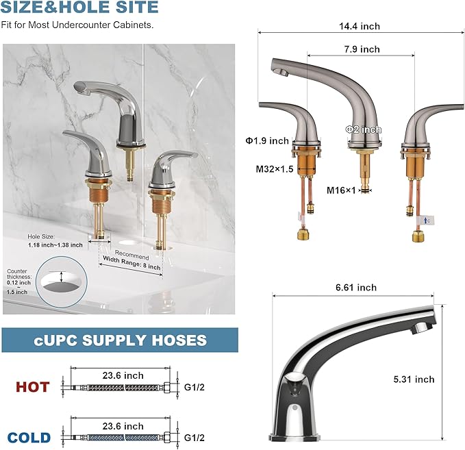 Solid Brass Widespread Bathroom Faucet,8-inch Faucets with Pop Up Drain Assembly and 2 Water Supply Lines Faucets Polished Chrome