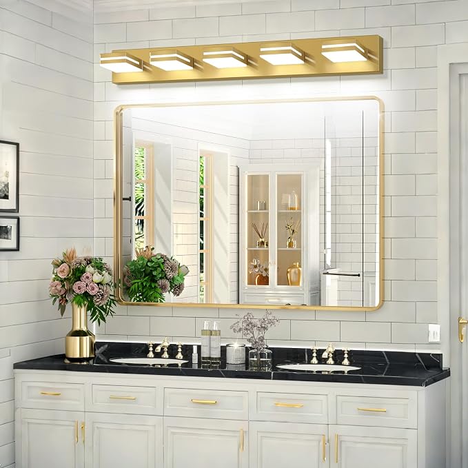 SineRise LED Modern Bathroom Vanity Light Fixtures, Modern Acrylic Bathroom Wall Lighting Fixtures Over Mirror, 5-Light, 40-Inch, Brass, White