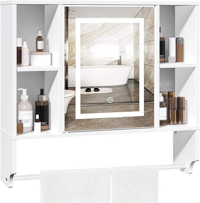 MAHANCRIS Bathroom Wall Cabinet with Mirror, Wall Mounted Medicine Cabinet with Color Adjustment LED Lights, Mirrored Over The Toilet Storage Cabinet with Adjustable Shelves, 23.6''W x 21.6''H, White