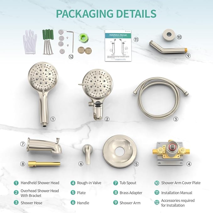 SR SUN RISE Dual 2 in 1 Shower System with Tub Spout,Brushed Nickel | 3-Way Diverter Rain Shower Combo Set,6 Spray Setting,High Pressure,Soild Brass,Included Valve and Trim Kit