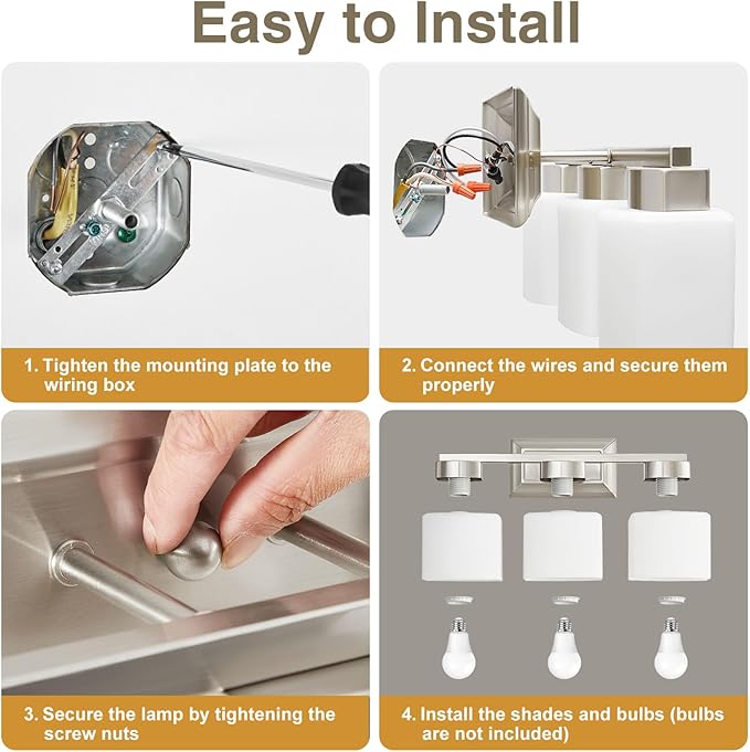 3-Light Bathroom Light Fixtures - Brushed Nickel Bathroom Vanity Lights with Glass Shade Modern Bathroom Lighting Fixtures Over Mirror - Wall Sconce Lamps for Bedroom,Living Room,Hallway