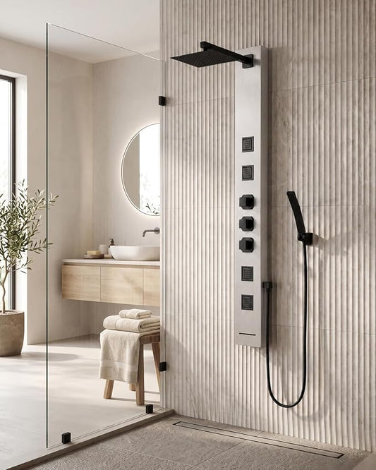 Shower Panel Tower System Stainless Steel Bathroom Stand Up Shower Kit | Wall-Mount with Rainfall Shower Head,4 Massage Body Jets,Tub Spout and Handheld Shower,Brushed Nickel Homevacious